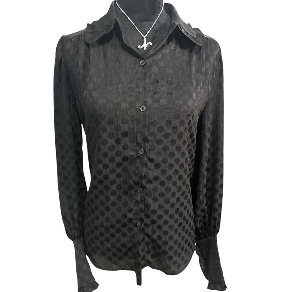 Max Studio‎ Sheer Polka‑Dot Ruffle Blouse Size Small • NWT • Retail $128